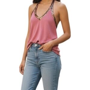 Identity Paris Absolu Comfo Sequin Trim Pink Halter Top T1 Small Classic Fairy